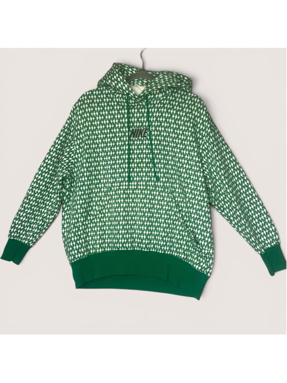 Nike Men’s Medium Green White Geometric Print Pullover Hoodie Logo Sweatshirt
